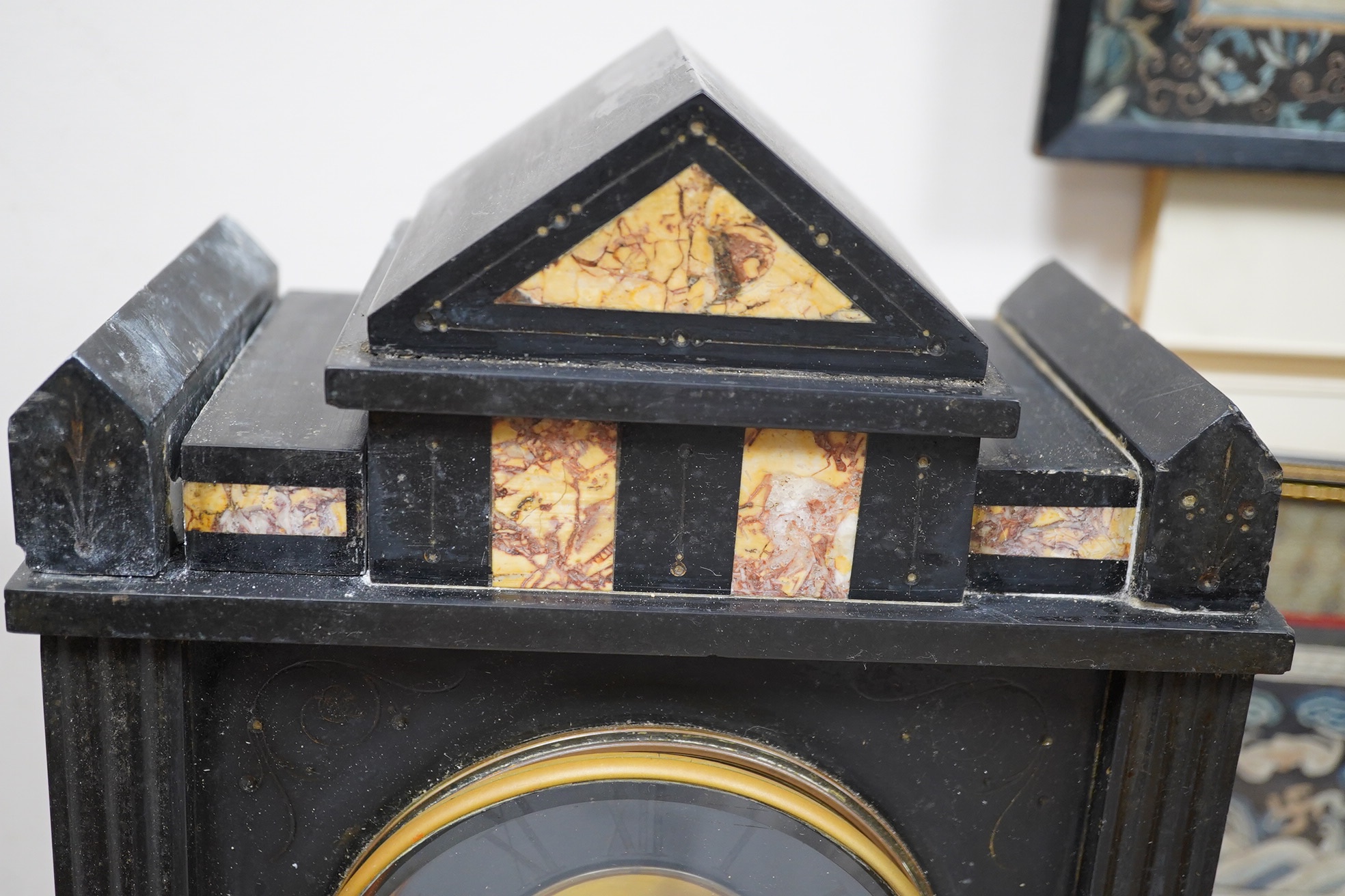 A late 19th century slate mantel clock, 38.5cm condition - poor to fair